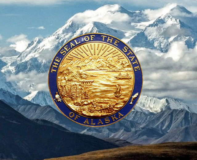 Alaska - State Seal and scenic mountain range