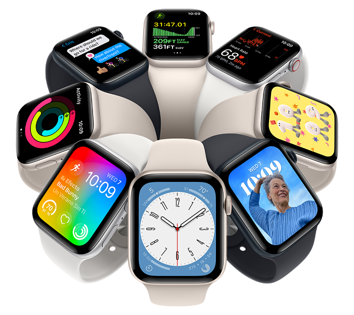 Apple Watches displayed in a circle, with watch interfaces facing outward