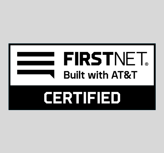 Official graphic with FirstNet certified devices badge with FirstNet logo and slogan, "Built with AT&T".