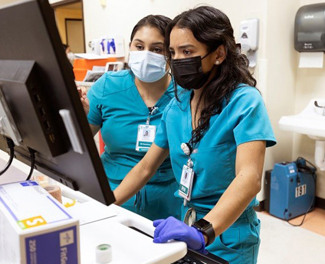 Two medical professionals looking at computer