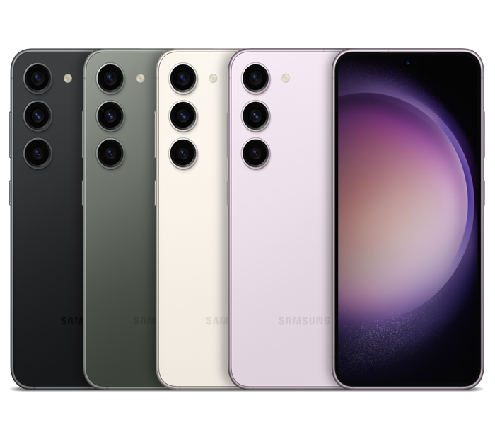 Grouped Samsung Galaxy S23 Series smartphones grouped displaying front and back, in various colors (black, gray, white, lavender, and front with circle design on black screen background)