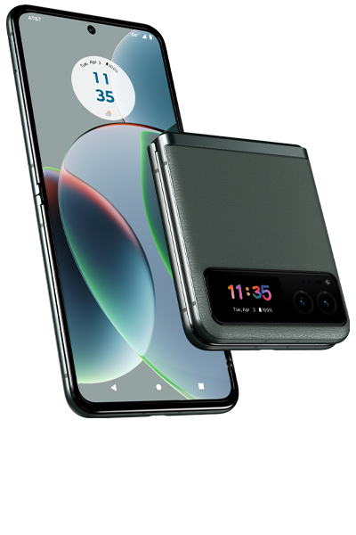 Two Motorola razr 2023 phone devices (one flipped closed and the one open, tilted displaying home screen).