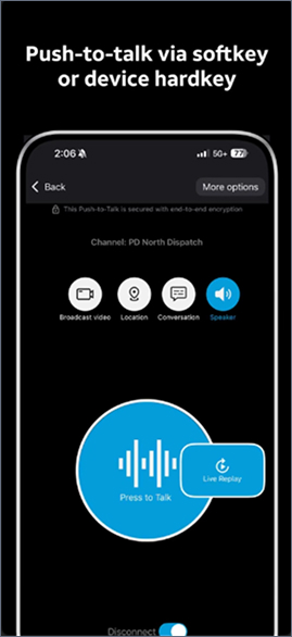 FirstNet Fusion app screenshot showing text: “Push-to-talk via softkey or device hardkey.” The interface displays a prominent large blue round 'Press to Talk' button for voice communication.