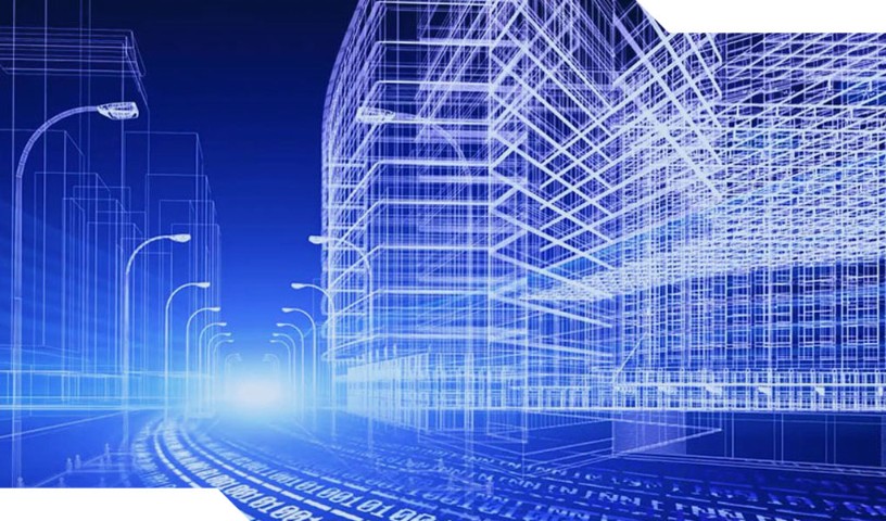 Conceptual illustration of 5G (white lines on blue background with exclamation pictogram)